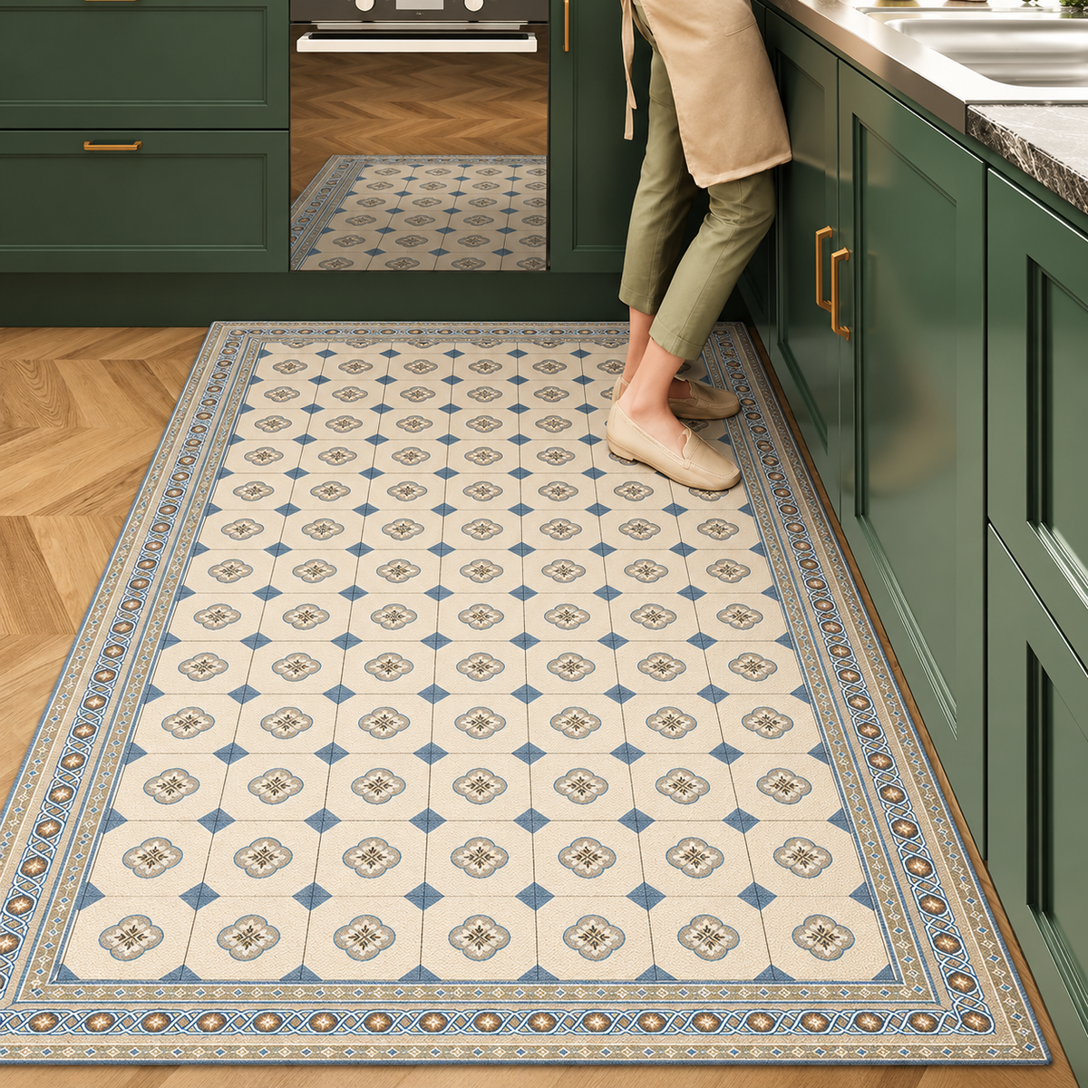 Grand Tapis de Cuisine Antidérapant – Style Rétro Américain Chic & Grande Taille bleu